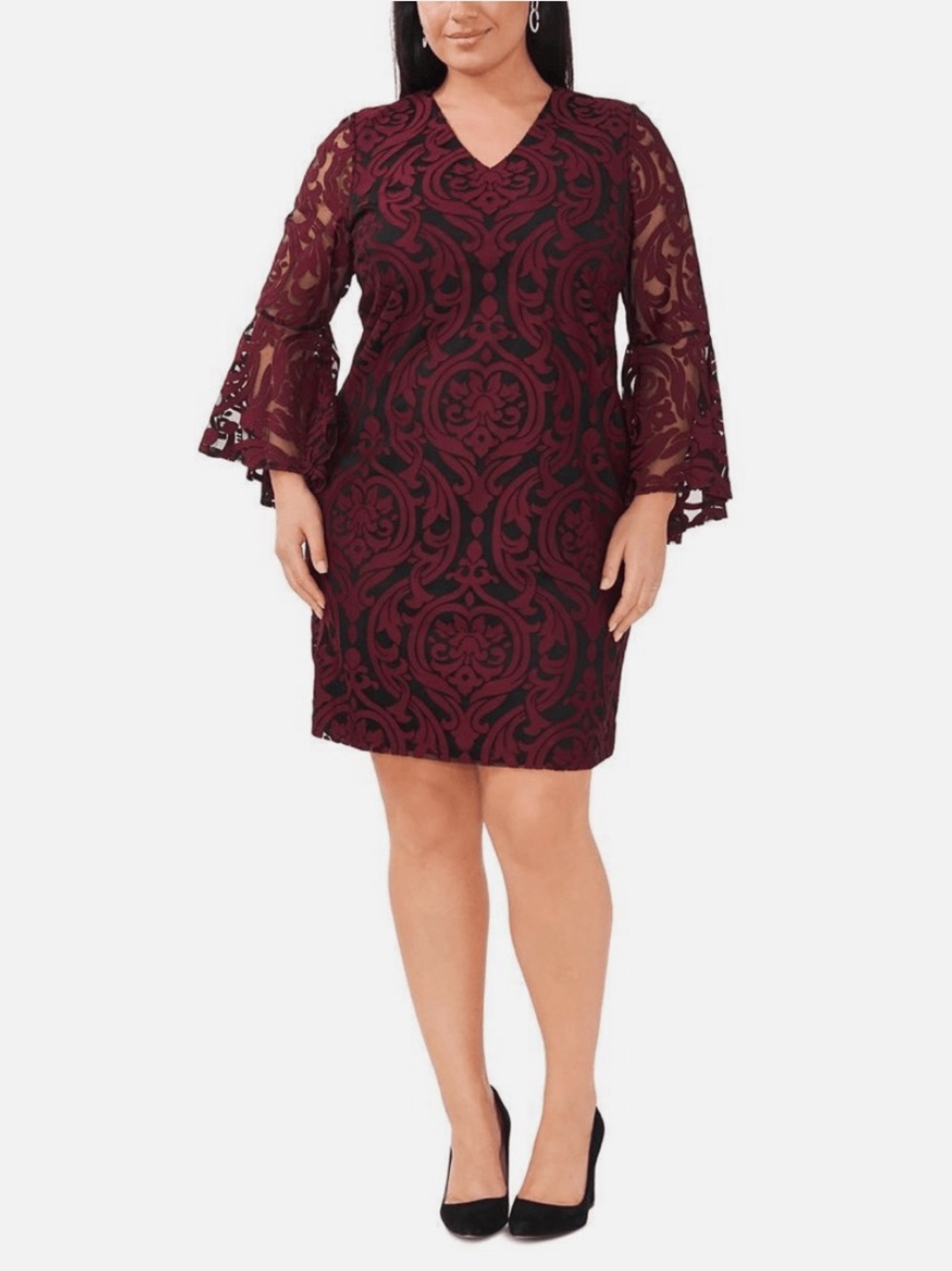 MSK Petite Burgundy Wine Black Sheer Overlay Bell Long Sleeve Dress Size 16P